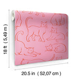 Cat Poses Pink by RoomMates Whimsical Red Linework Feline Illustrations Peel and Stick Wallpaper Perfect for Cat Lovers - RMWS1277