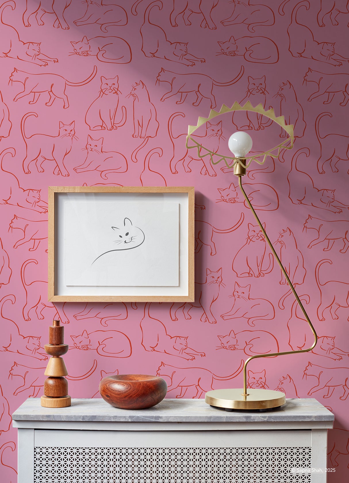 Cat Poses Pink by RoomMates Whimsical Red Linework Feline Illustrations Peel and Stick Wallpaper Perfect for Cat Lovers - RMWS1277