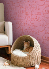 Cat Poses Pink by RoomMates Whimsical Red Linework Feline Illustrations Peel and Stick Wallpaper Perfect for Cat Lovers - RMWS1277