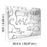 Cat Poses Black and White by RoomMates Whimsical Playful Feline Line Art Animal Novelty Fully Removable Peel and Stick Wallpaper RMWS1278