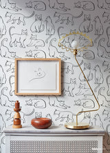 Cat Poses Black and White by RoomMates Whimsical Playful Feline Line Art Animal Novelty Fully Removable Peel and Stick Wallpaper RMWS1278
