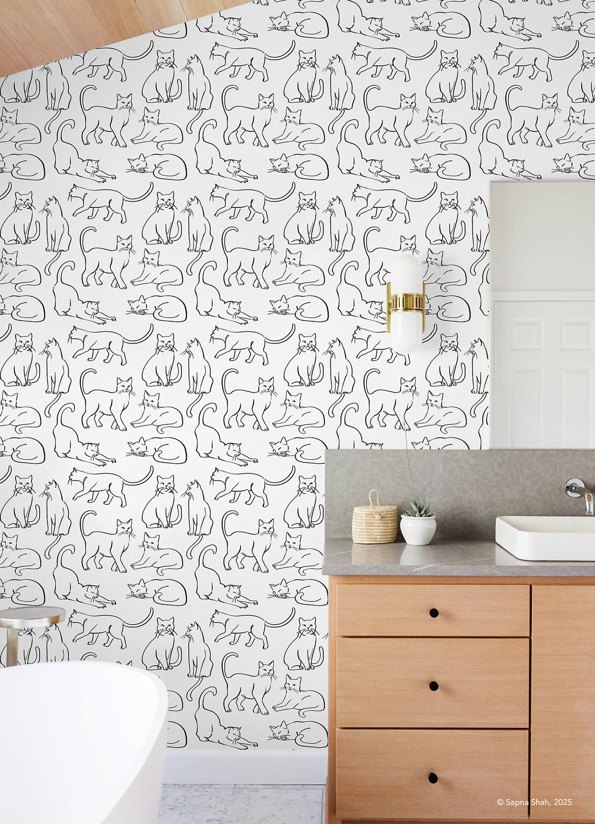 Cat Poses Black and White by RoomMates Whimsical Playful Feline Line Art Animal Novelty Fully Removable Peel and Stick Wallpaper RMWS1278