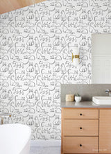 Cat Poses Black and White by RoomMates Whimsical Playful Feline Line Art Animal Novelty Fully Removable Peel and Stick Wallpaper RMWS1278