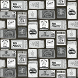 The Perfect Match Black Peel and Stick Wallpaper by RoomMates - RMWS1280 featuring whimsical black and white nautical matchbox collage pattern