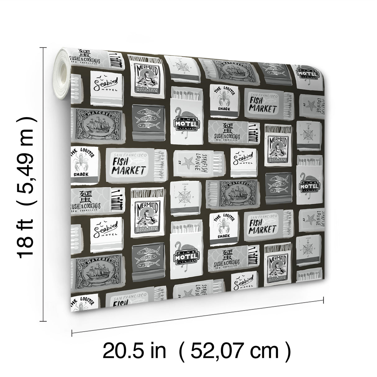 The Perfect Match Black Peel and Stick Whimsical Nautical Matchbox Collage Black and White Wallpaper by RoomMates - RMWS1280