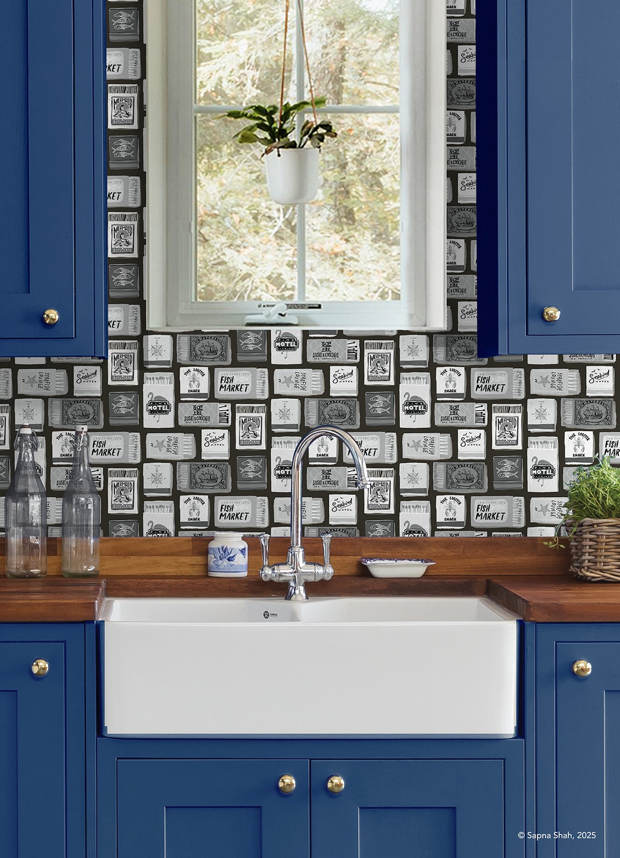 The Perfect Match Black Peel and Stick Whimsical Nautical Matchbox Collage Black and White Wallpaper by RoomMates - RMWS1280