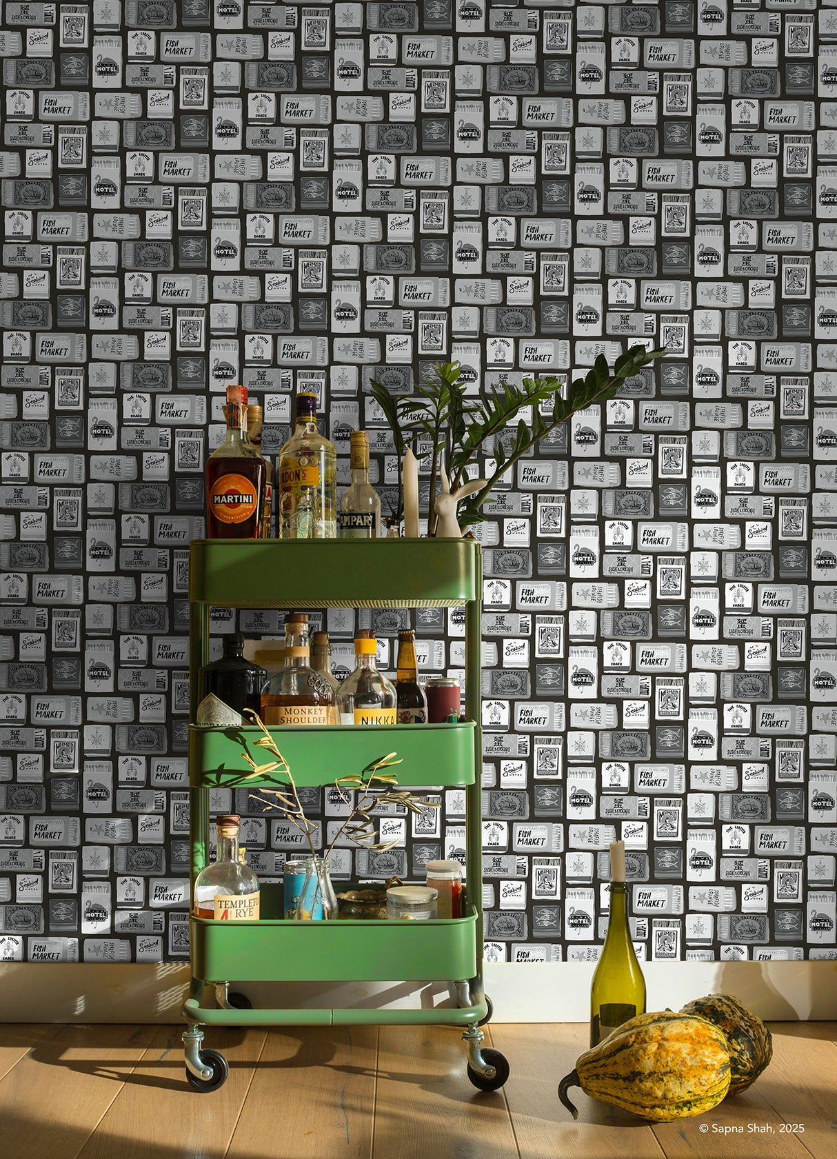 The Perfect Match Black Peel and Stick Whimsical Nautical Matchbox Collage Black and White Wallpaper by RoomMates - RMWS1280