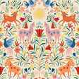 Whimsical Creatures Cream Peel and Stick Wallpaper by RoomMates featuring colorful folksy animals and vibrant florals on a creamy white background - RMWS1281