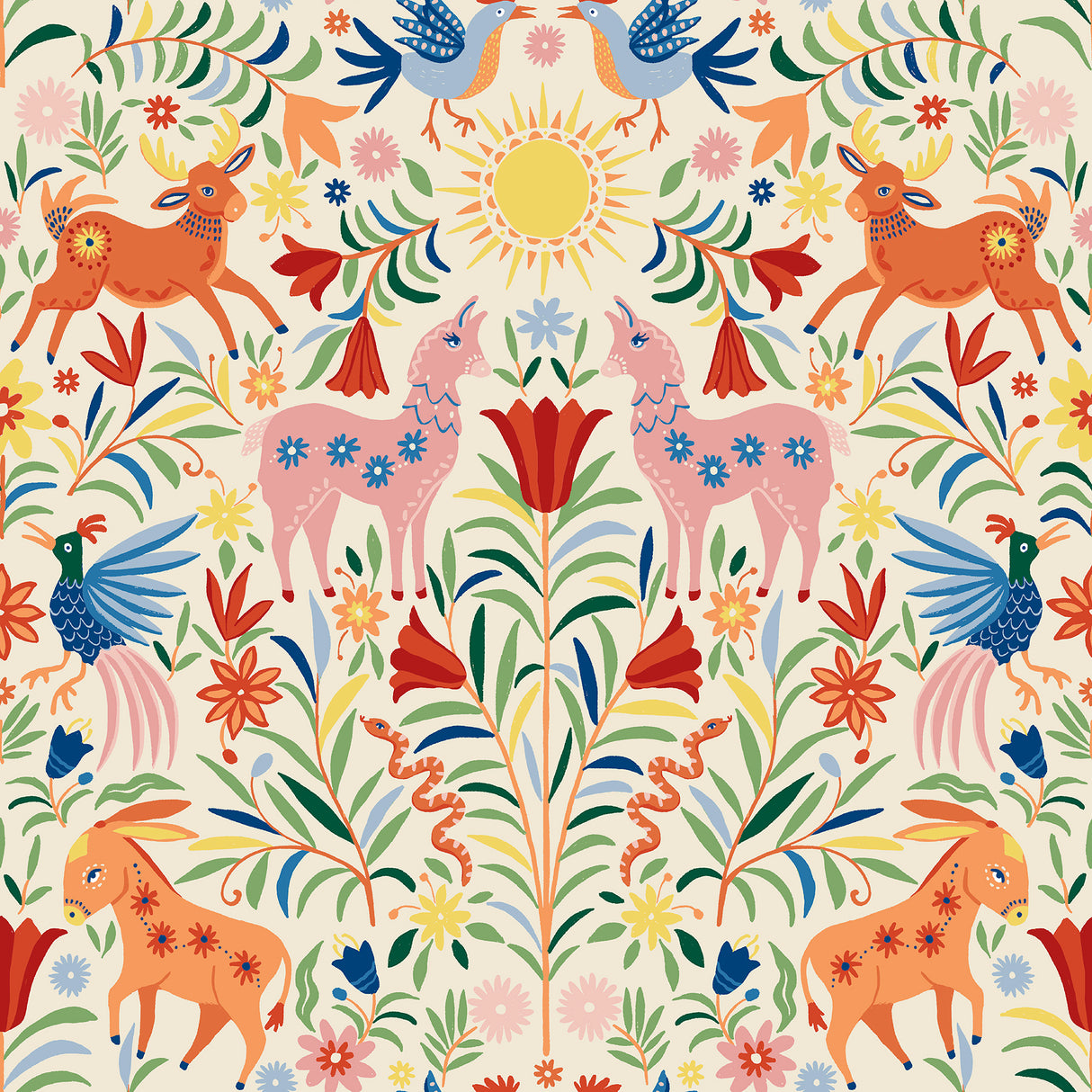 Whimsical Creatures Cream Peel and Stick Wallpaper by RoomMates featuring colorful folksy animals and vibrant florals on a creamy white background - RMWS1281
