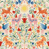 Whimsical Creatures Cream Peel and Stick Wallpaper by RoomMates featuring colorful folksy animals and vibrant florals on a creamy white background - RMWS1281