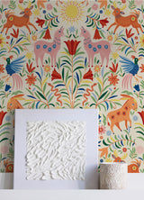 Whimsical Creatures Cream by RoomMates Vibrant Folksy Animals and Colorful Florals Peel and Stick Novelty Wallpaper Design - RMWS1281
