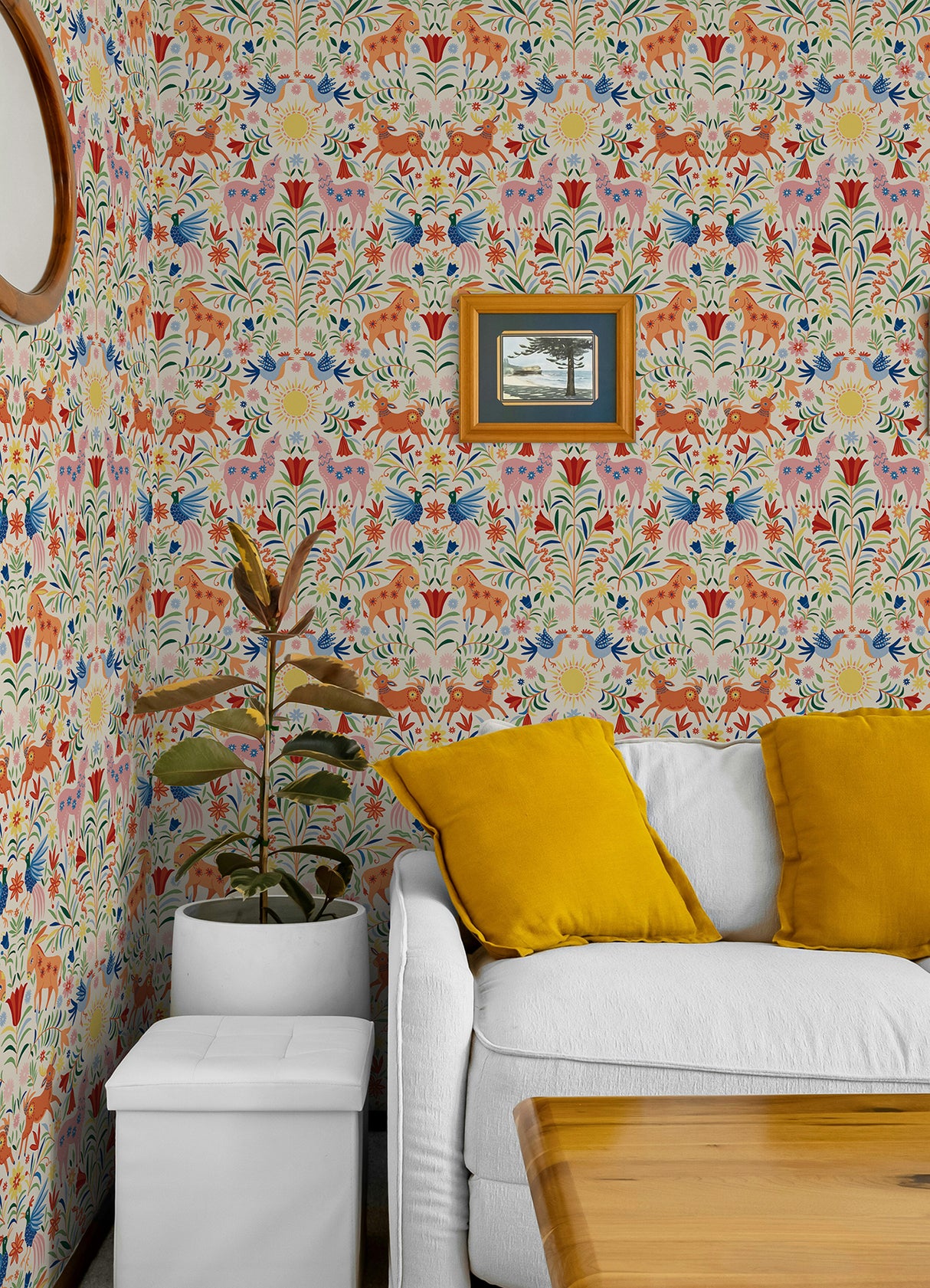 Whimsical Creatures Cream by RoomMates Vibrant Folksy Animals and Colorful Florals Peel and Stick Novelty Wallpaper Design - RMWS1281