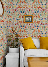 Whimsical Creatures Cream by RoomMates Vibrant Folksy Animals and Colorful Florals Peel and Stick Novelty Wallpaper Design - RMWS1281