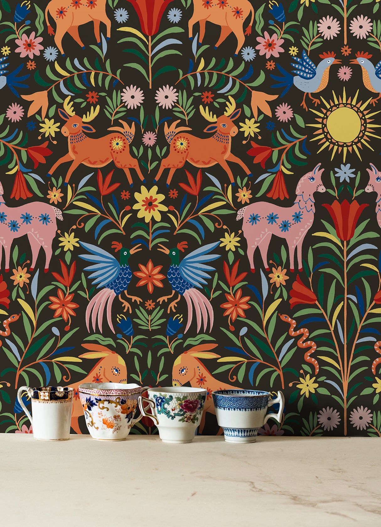 Whimsical Creatures Black Vibrant Folksy Animals Peel and Stick Wallpaper by RoomMates - RMWS1282