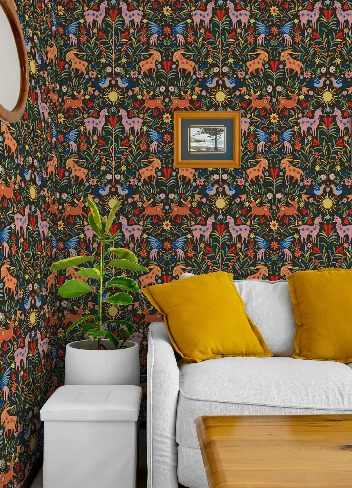 Whimsical Creatures Black Vibrant Folksy Animals Peel and Stick Wallpaper by RoomMates - RMWS1282