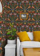 Whimsical Creatures Black Vibrant Folksy Animals Peel and Stick Wallpaper by RoomMates - RMWS1282