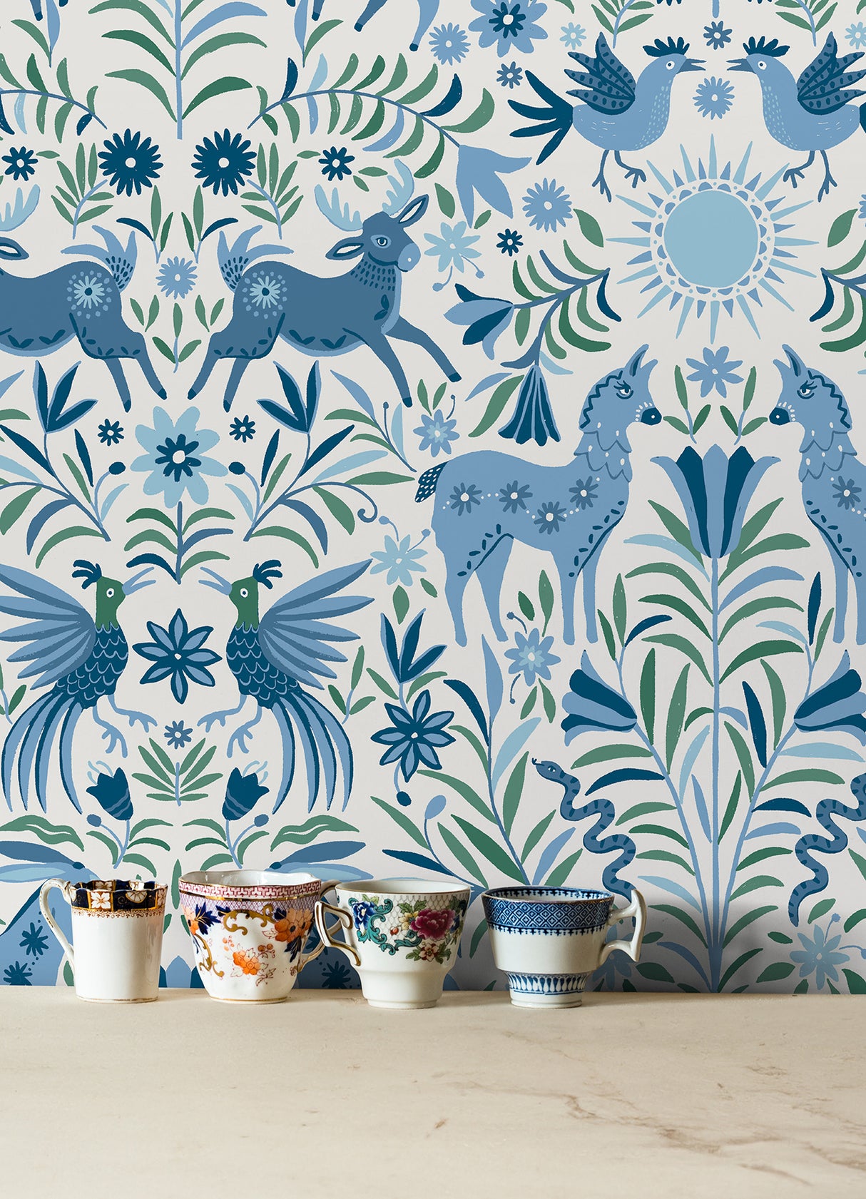 Whimsical Creatures Blue by RoomMates Blue Green White Folksy Animal Botanical Peel and Stick Wallpaper for Any Smooth Surface - RoomMates RMWS1283