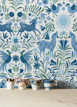 Whimsical Creatures Blue by RoomMates Blue Green White Folksy Animal Botanical Peel and Stick Wallpaper for Any Smooth Surface - RoomMates RMWS1283