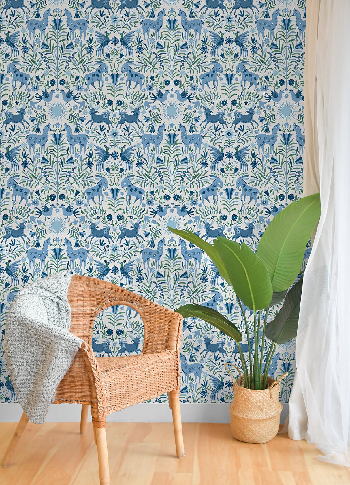 Whimsical Creatures Blue by RoomMates Blue Green White Folksy Animal Botanical Peel and Stick Wallpaper for Any Smooth Surface - RoomMates RMWS1283