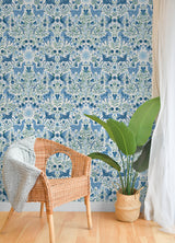 Whimsical Creatures Blue by RoomMates Blue Green White Folksy Animal Botanical Peel and Stick Wallpaper for Any Smooth Surface - RoomMates RMWS1283