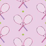 40 Love Pink Peel and Stick Wallpaper by RoomMates featuring crossed tennis rackets and tennis balls on a light pink background - RMWS1284