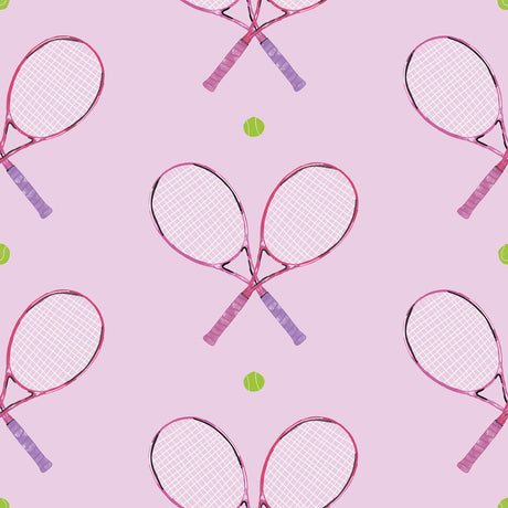 40 Love Pink Peel and Stick Wallpaper by RoomMates featuring crossed tennis rackets and tennis balls on a light pink background - RMWS1284