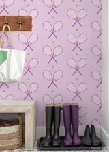 40 Love Pink Peel and Stick Wallpaper by RoomMates Preppy Whimsical Tennis Racket and Ball Novelty Design Roll 20.5 in x 18 ft - RMWS1284