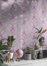 40 Love Pink Peel and Stick Wallpaper by RoomMates Preppy Whimsical Tennis Racket and Ball Novelty Design Roll 20.5 in x 18 ft - RMWS1284