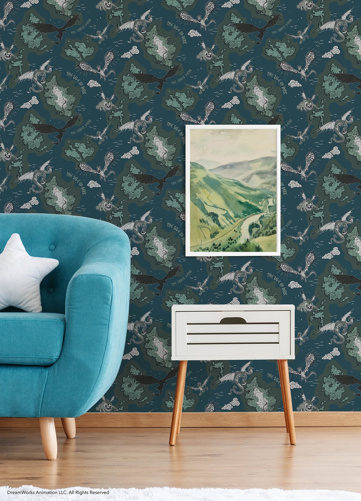 How to Train Your Dragon Isle of Berk Blue by RoomMates DreamWorks Officially Licensed Peel and Stick Dragon Map Wallpaper - RMWS1300