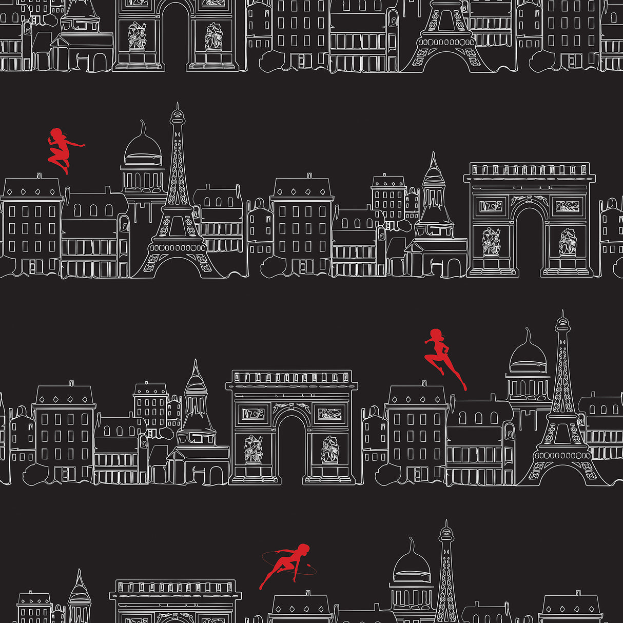 Miraculous Ladybug Charming Paris Black Peel and Stick Wallpaper by RoomMates RMWS1303 - Black cityscape with red Ladybug figures