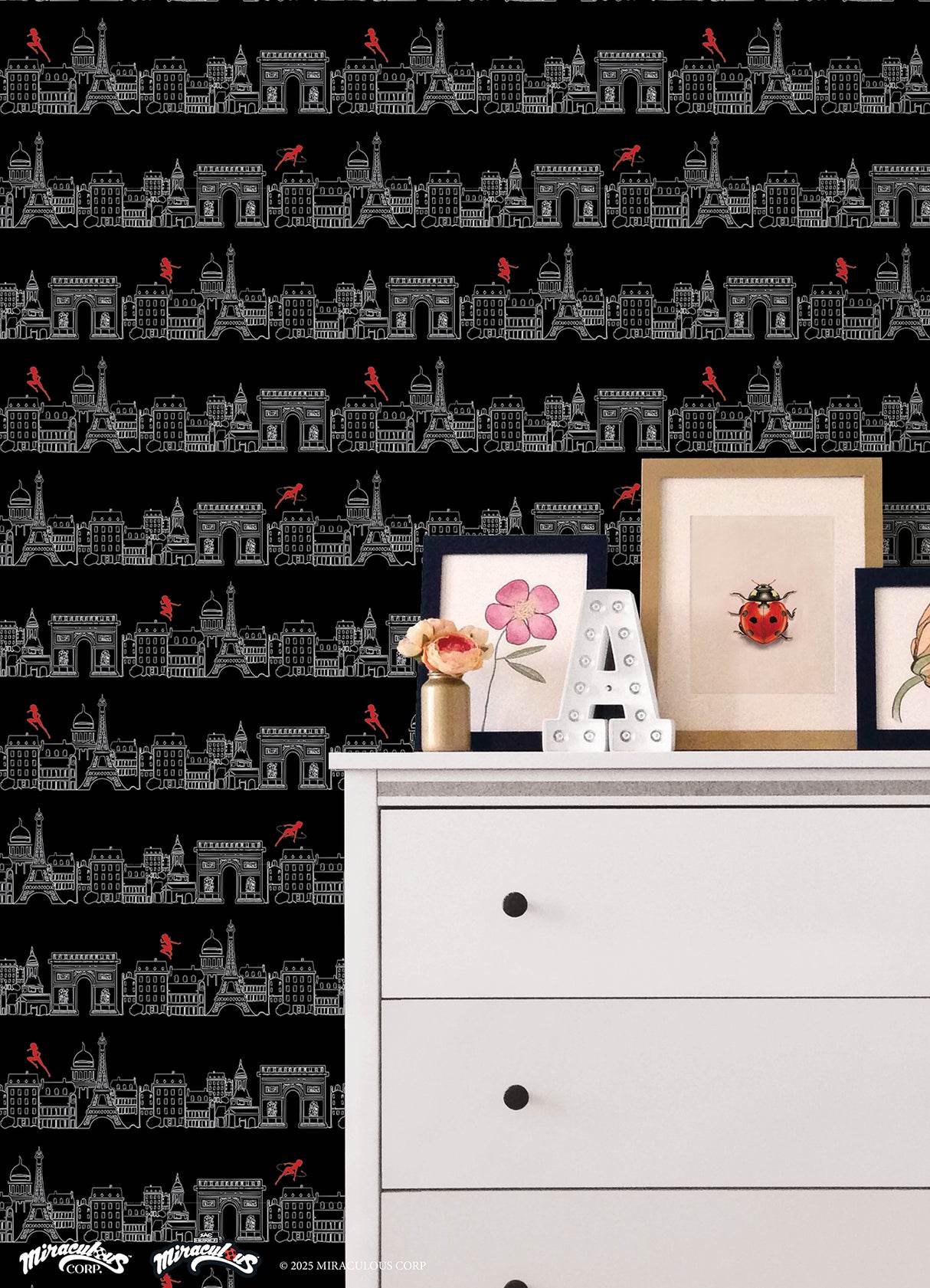 Miraculous Ladybug Charming Paris Black Officially Licensed Peel and Stick Wallpaper for Kids Rooms and Playrooms by RoomMates - RMWS1303