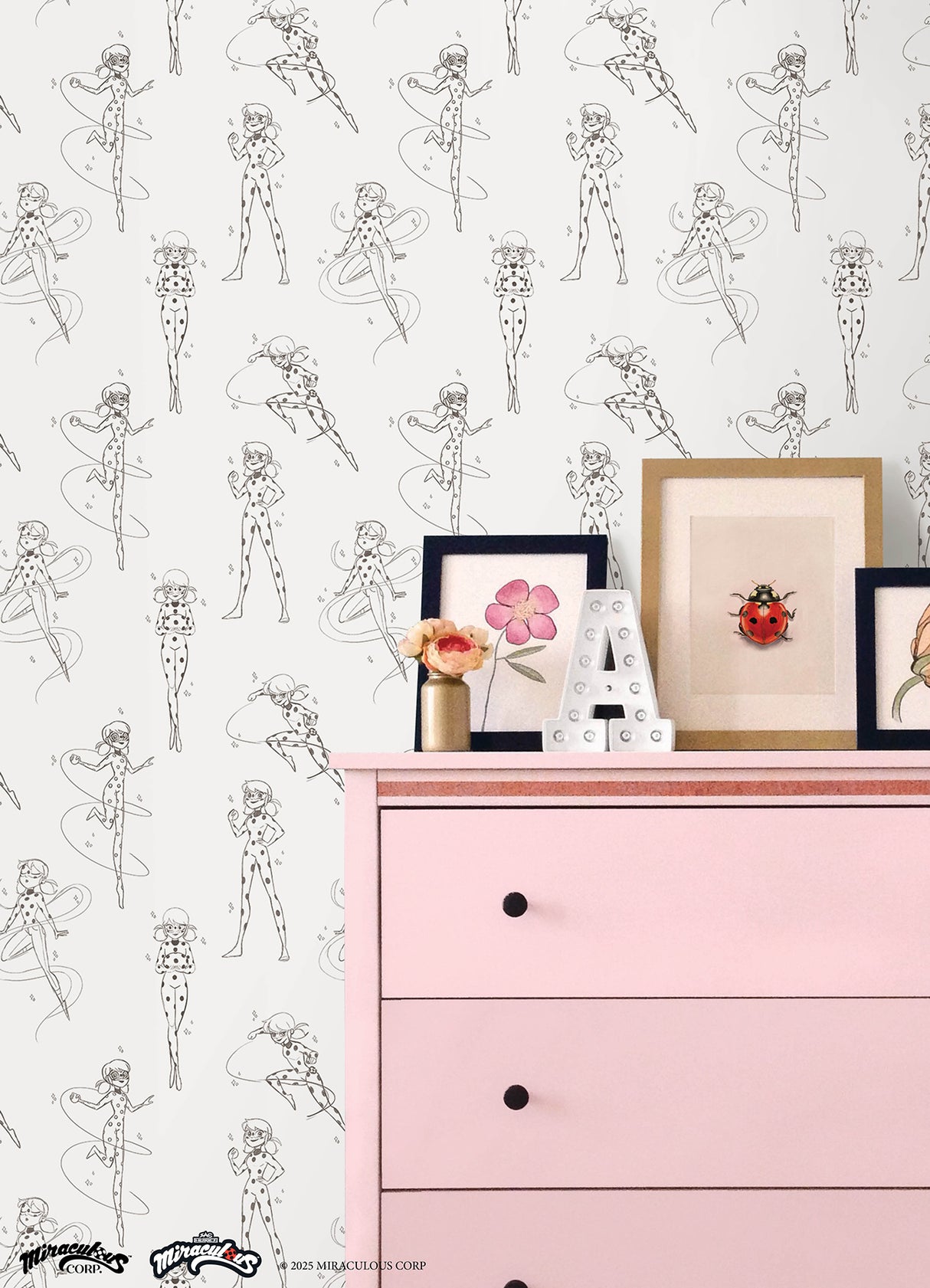 Miraculous Ladybug Sketch Charcoal by RoomMates Officially Licensed Peel and Stick Kids Superhero Character Removable Wallpaper - RMWS1305