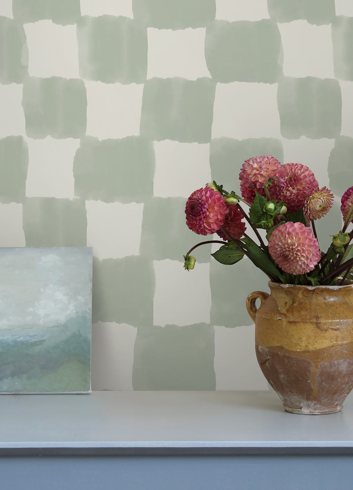 Tess Watercolor Checker Sage Green Peel and Stick Wallpaper by RoomMates x Mr. Kate Bohemian Geometric Design - RMWS1316