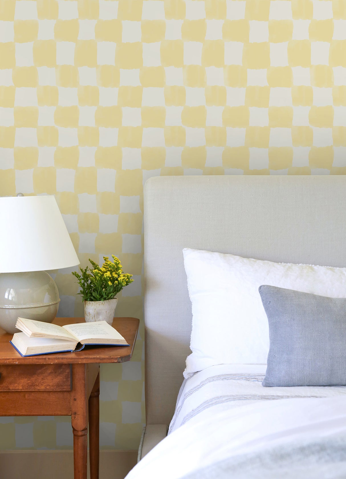 Tess Watercolor Checker Pale Yellow Peel and Stick Wallpaper by RoomMates Bohemian Geometric Mr. Kate Design - RMWS1317