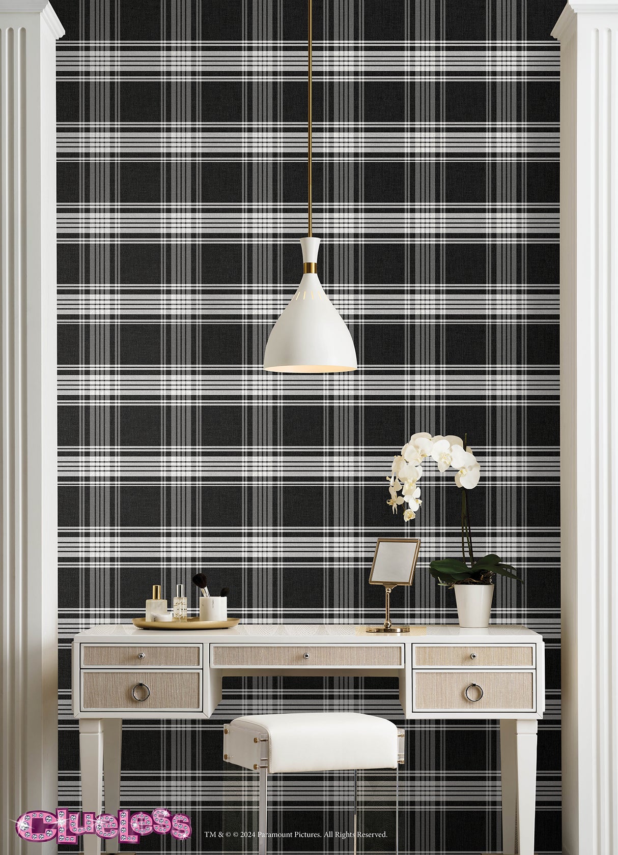 Clueless Dionne Black and White Iconic Plaid Officially Licensed 30th Anniversary Retro Peel and Stick Removable Wallpaper by RoomMates RMWS1324