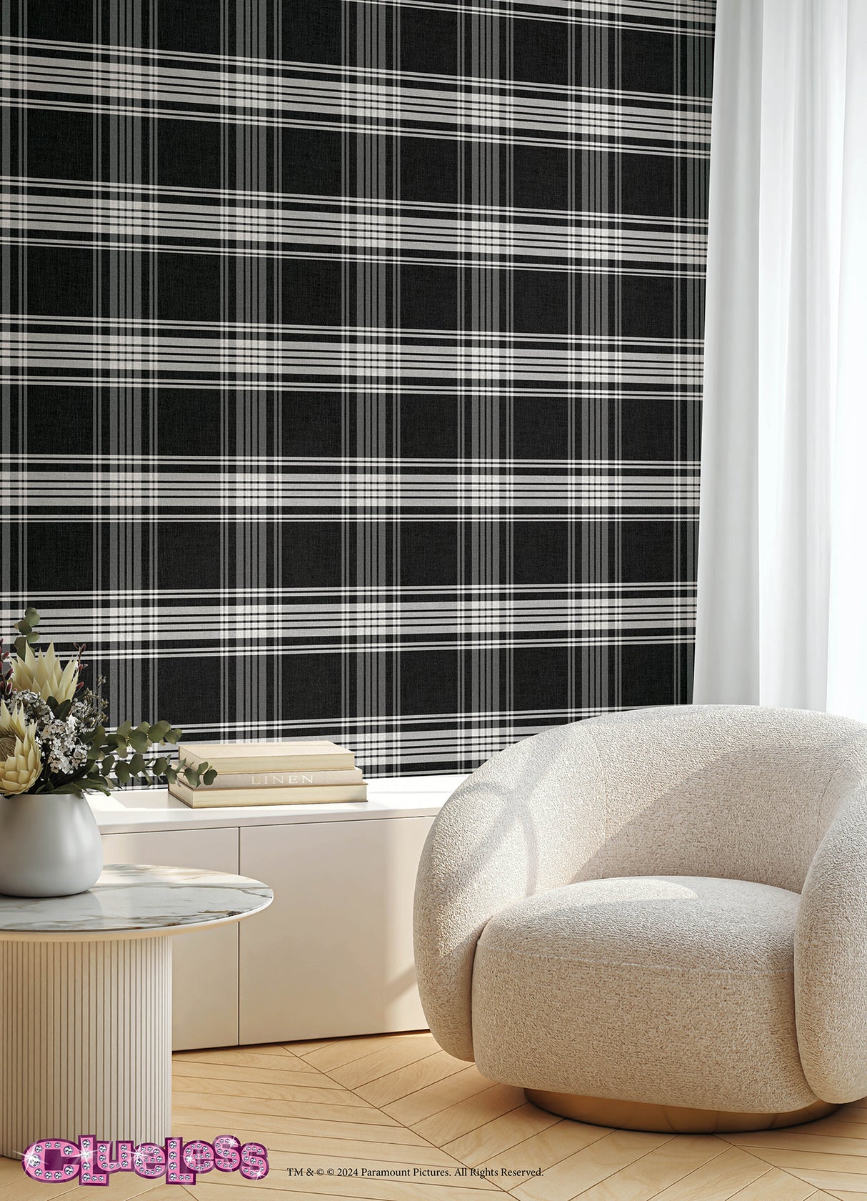 Clueless Dionne Black and White Iconic Plaid Officially Licensed 30th Anniversary Retro Peel and Stick Removable Wallpaper by RoomMates RMWS1324