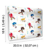 Sonic The Hedgehog Lets Roll Blue and White by RoomMates Officially Licensed Peel and Stick Kids Wallpaper - RMWS1332