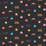 Sonic The Hedgehog 16-Bit Superstar Retro Peel and Stick Wallpaper featuring pixel art faces of Sonic, Tails, Knuckles, Amy and more on a black background with Sonic Speed and 16-Bit Superstar text by RoomMates RMWS1333