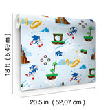 Sonic The Hedgehog Green Hill Zone Kids Novelty Peel and Stick Wallpaper in Blue featuring Classic Game Icons by RoomMates - RMWS1335