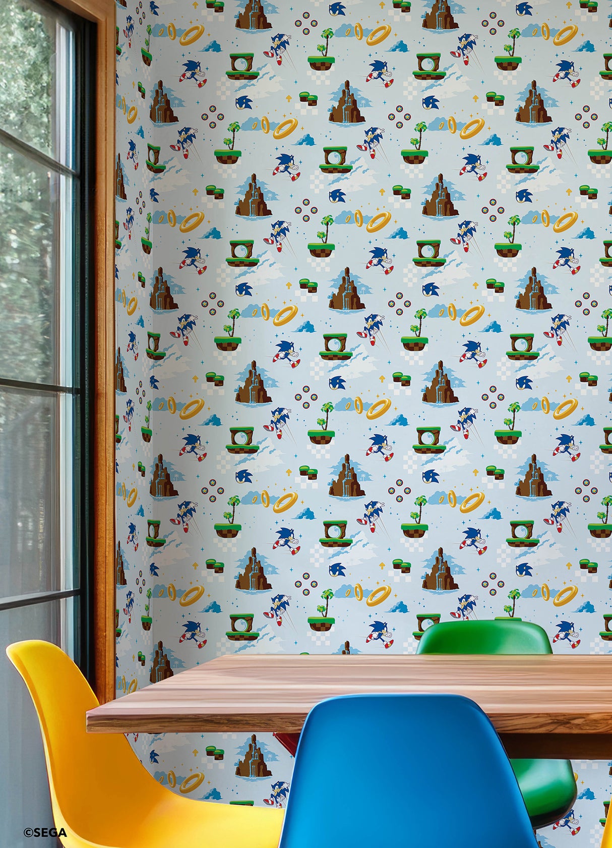 Sonic The Hedgehog Green Hill Zone Kids Novelty Peel and Stick Wallpaper in Blue featuring Classic Game Icons by RoomMates - RMWS1335