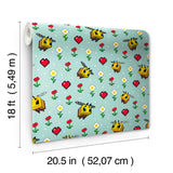 Minecraft Busy Bee Blue by RoomMates Officially Licensed Pixelated Bees Flowers and Hearts Peel and Stick Wallpaper - RMWS1339