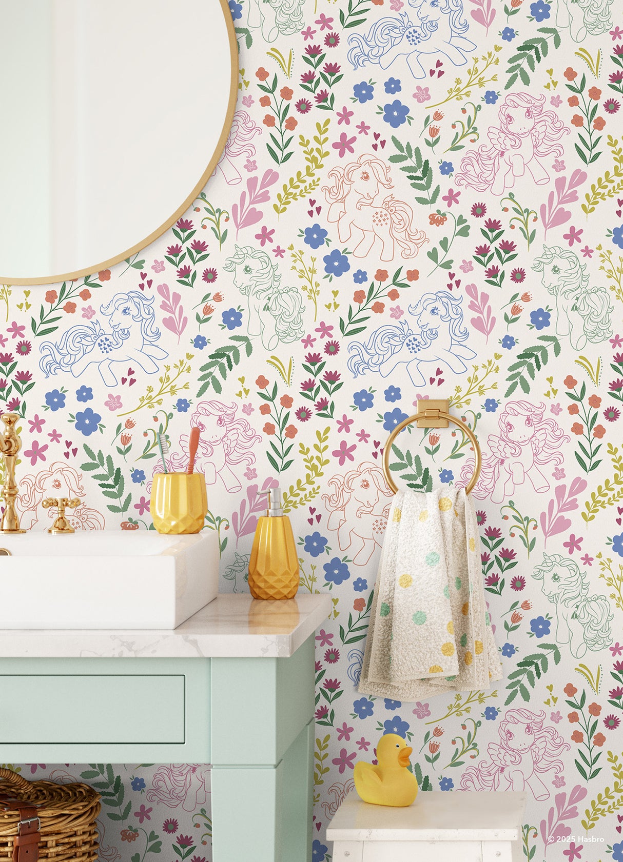 My Little Pony Retro Floral Cream by RoomMates Whimsical Peel and Stick Kids Wallpaper with Retro Ponies and Botanical Florals - RMWS1343
