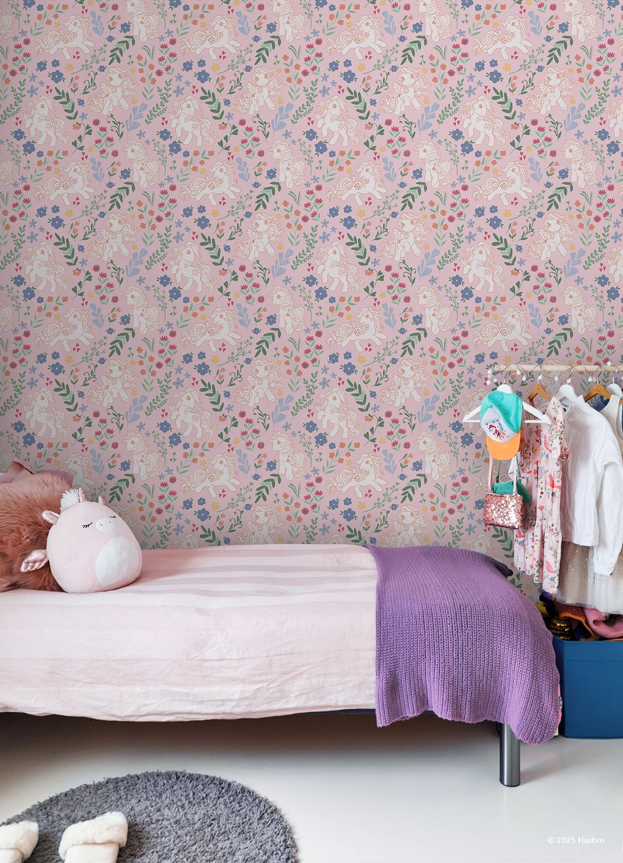 My Little Pony Retro Floral Pink by RoomMates Whimsical Kids Peel and Stick Wallpaper with Vintage Ponies Hearts and Botanicals - RMWS1344