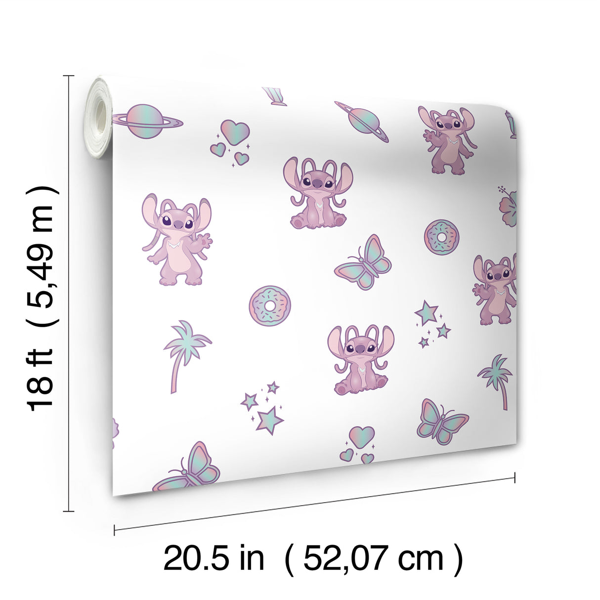 Disney Lilo and Stitch Angel Peel and Stick Wallpaper Pink and White Kids Graphic Pattern with Butterflies and Stars by RoomMates - RMWS1347