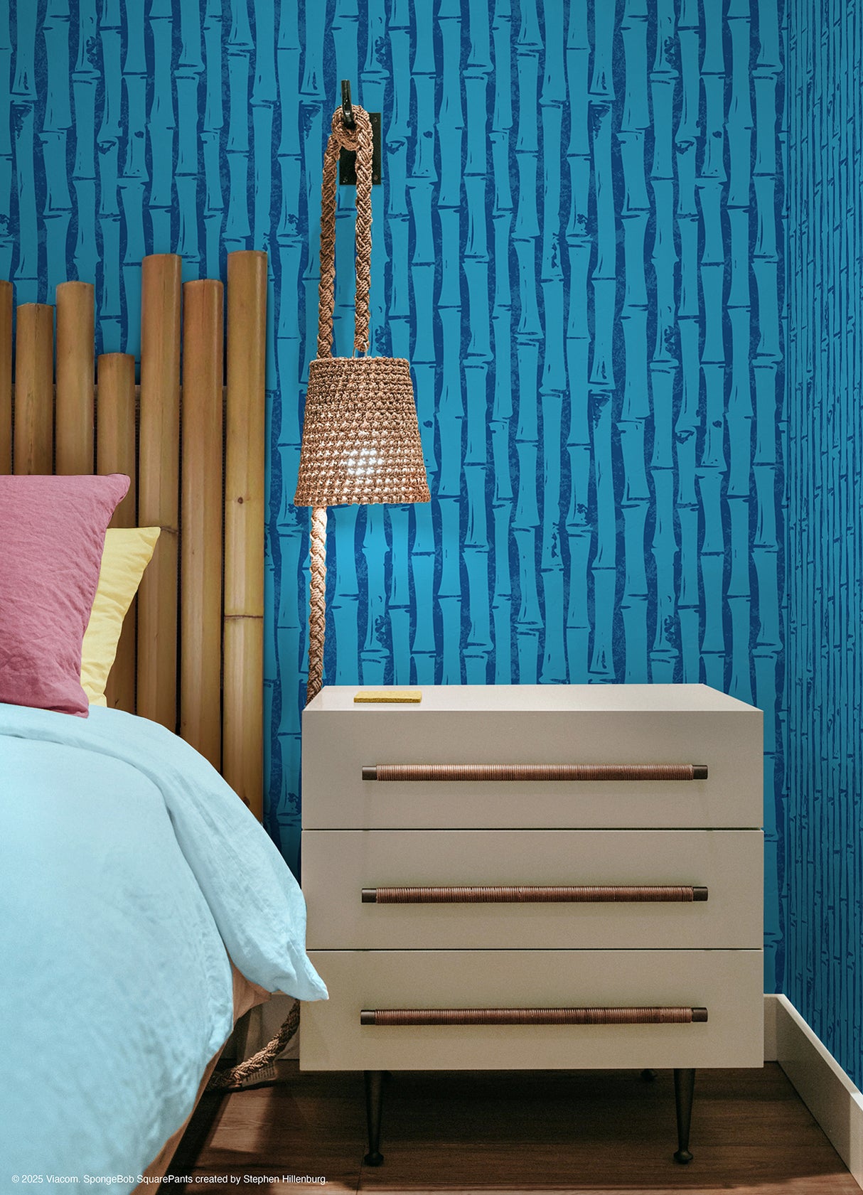 SpongeBob SquarePants Bamboo Blue by RoomMates Playful Kids Tiki Tropical Peel and Stick Fully Removable Vinyl Wallpaper - RMWS1366