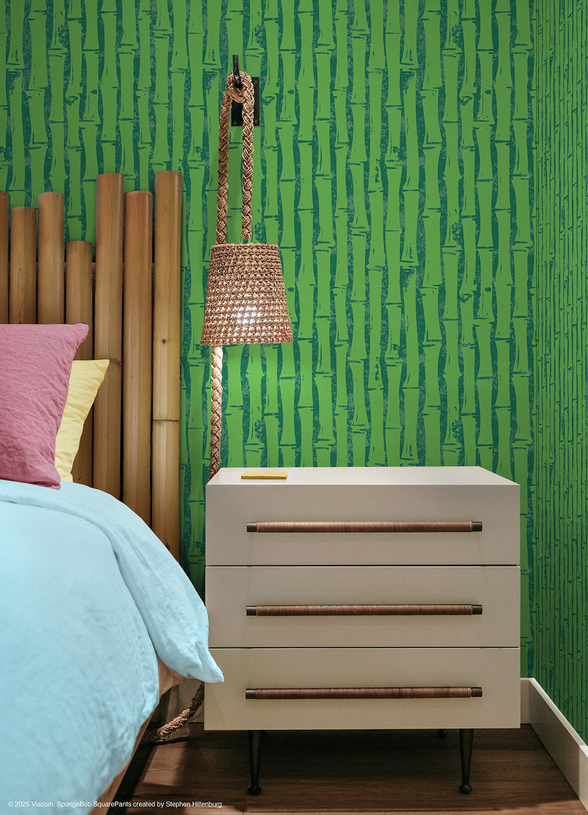 SpongeBob SquarePants Bamboo Green by RoomMates Peel and Stick Tropical Tiki Vinyl Kids Wallpaper Fully Removable 20.5in x 18ft - RMWS1367