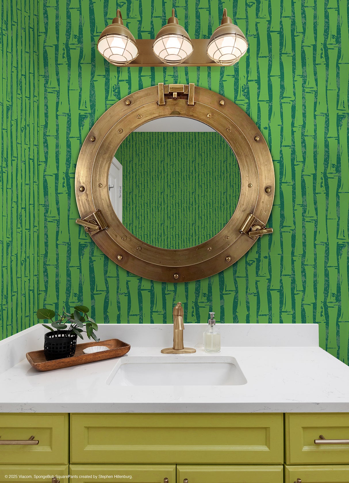 SpongeBob SquarePants Bamboo Green by RoomMates Peel and Stick Tropical Tiki Vinyl Kids Wallpaper Fully Removable 20.5in x 18ft - RMWS1367