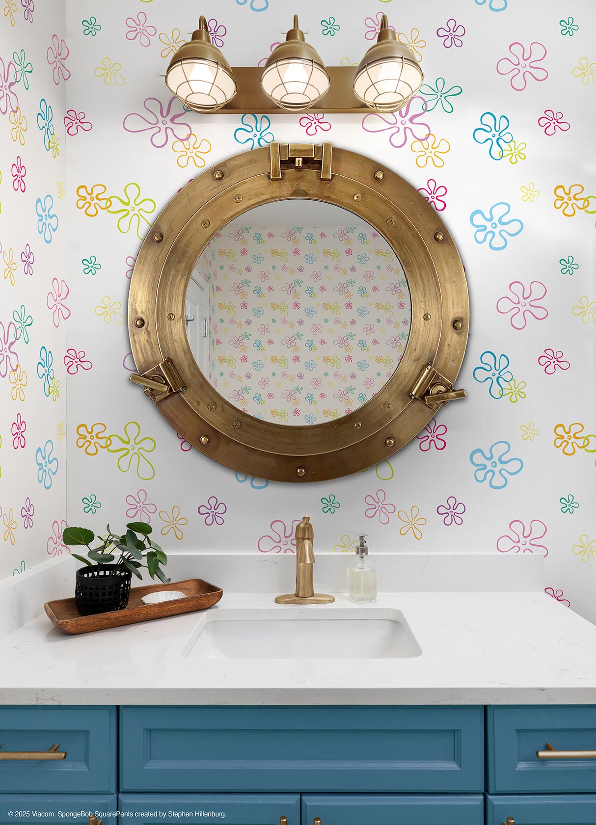 SpongeBob SquarePants Floral White by RoomMates Kids Licensed Peel and Stick Colorful Floral Novelty Wallpaper for Any Room RMWS1368