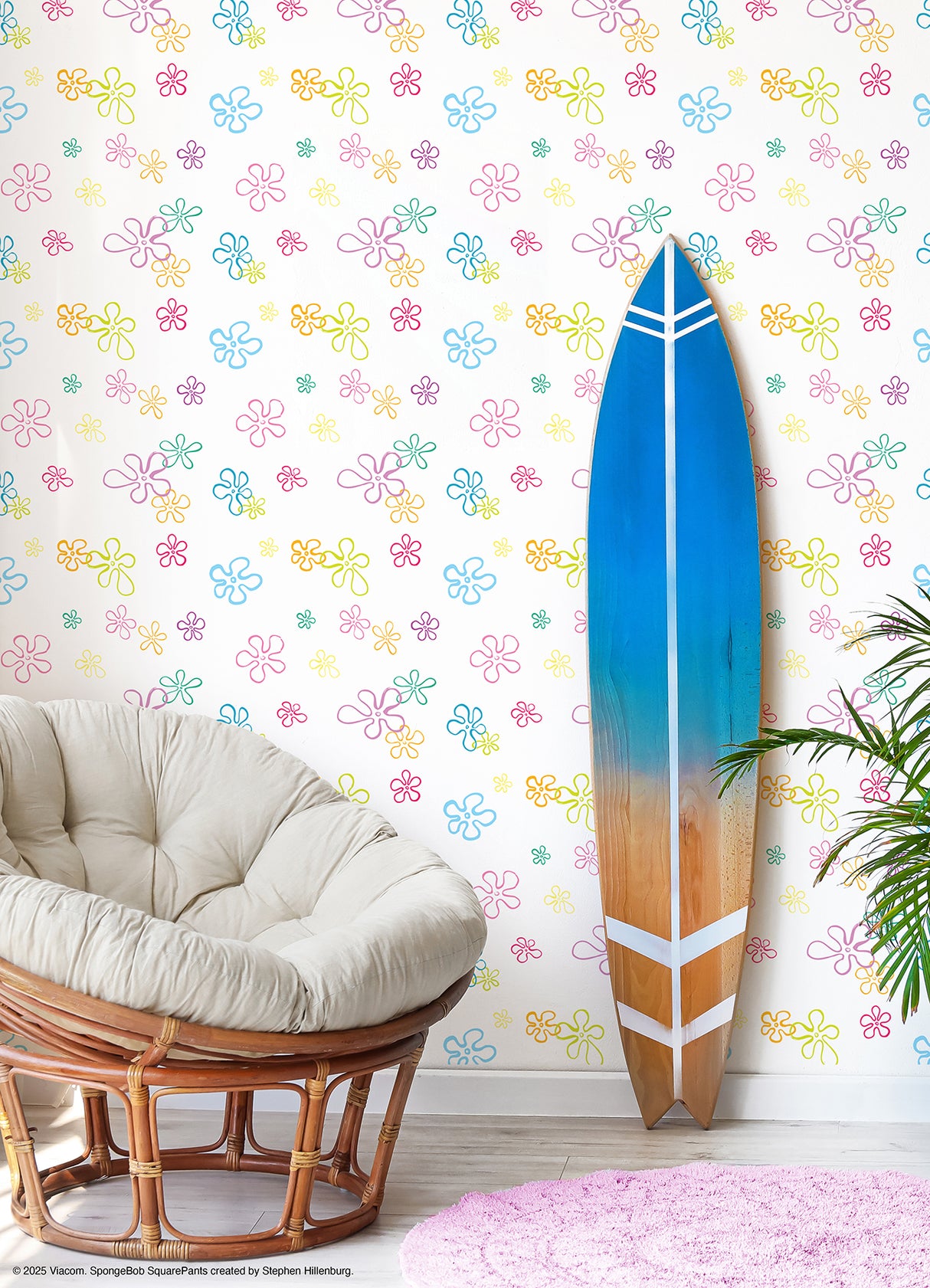 SpongeBob SquarePants Floral White by RoomMates Kids Licensed Peel and Stick Colorful Floral Novelty Wallpaper for Any Room RMWS1368