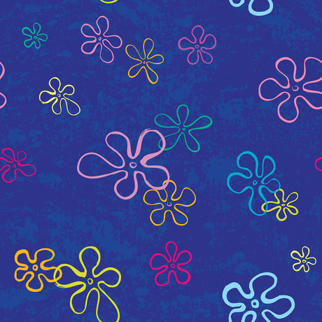 SpongeBob SquarePants Floral Blue Peel and Stick Wallpaper featuring colorful floating flower outlines in pink, teal, yellow, and purple on a bold blue background by RoomMates